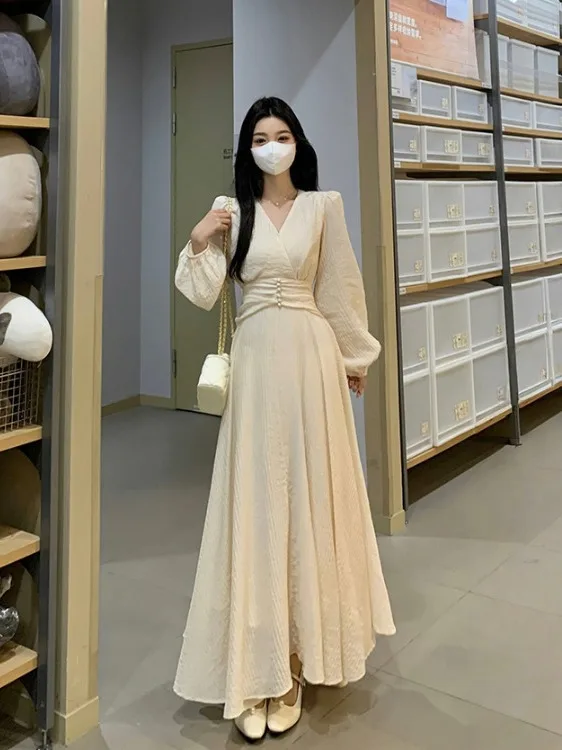 

plus Size V-Ne Long Sve Dr Women's Spring New Slimming Age-Defng Meat Covering Long Skirt Commute Sle Korean Vers...