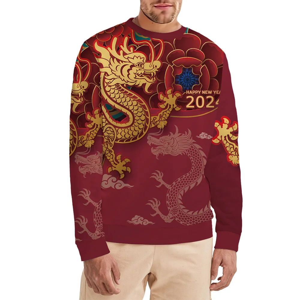 2024 New Year Men's Dragon Sweatshirt 3D Printed Long Sleeve Crew Neck  Pull On Pullover Sweatshirt Chinese Red Rich Flower Top