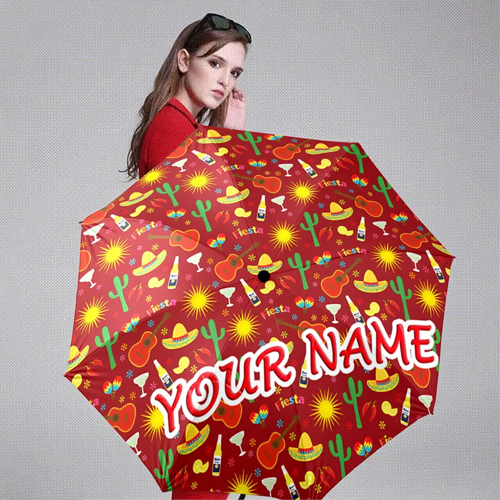 Custom Name Umbrella Colorful Fiesta Pattern Umbrella - Cactus,Guitar, Sombrero Design Portable Folding Umbrella,Christmas Gift