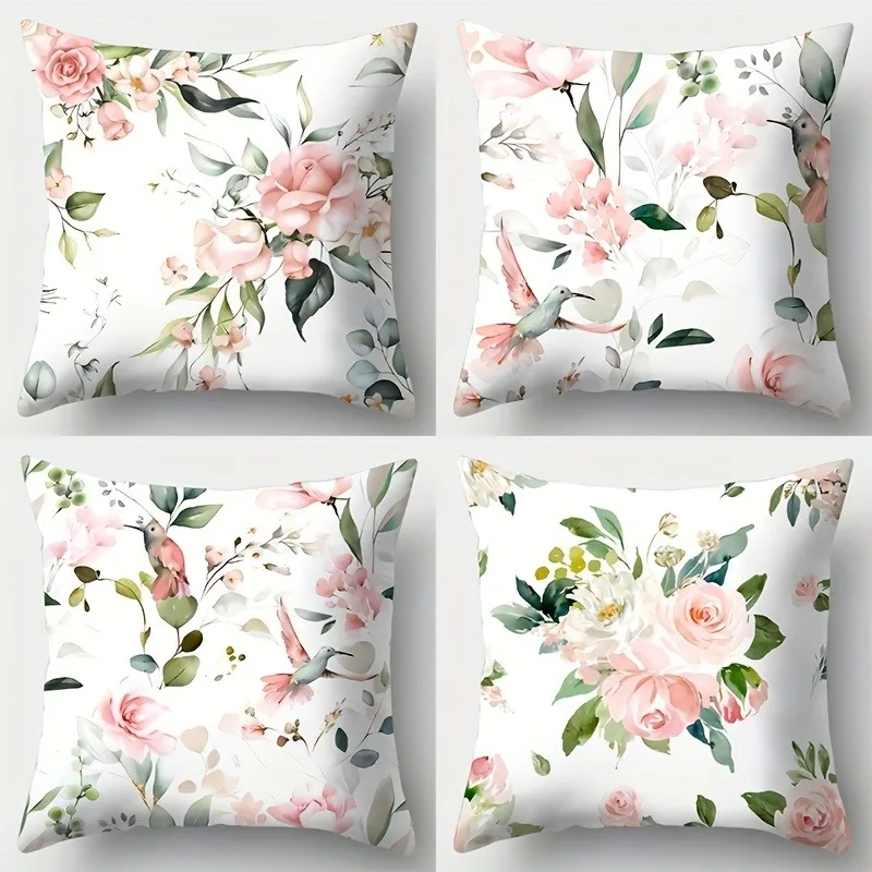 Watercolor flower hummingbird Double-sided Printed pillow cover Short plush Suitable living rooms bedrooms throw cushion cover