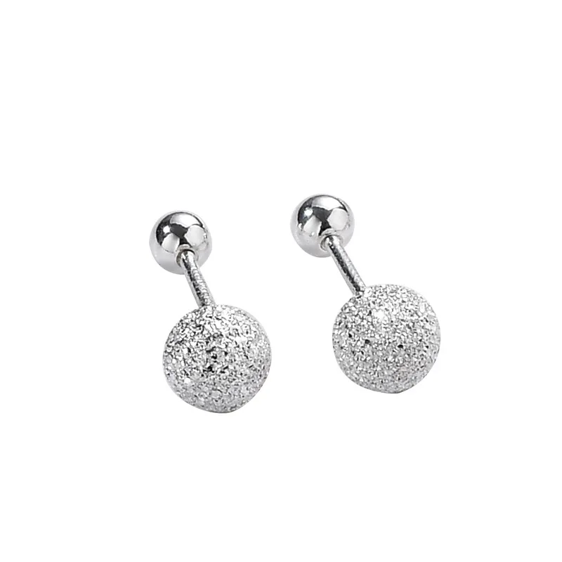 925 Sterling Silver Round Bead Double Stud Earrings for Girls Simple Screw Scrub Ball Female Earring Wedding Luxury Jewelry Gift