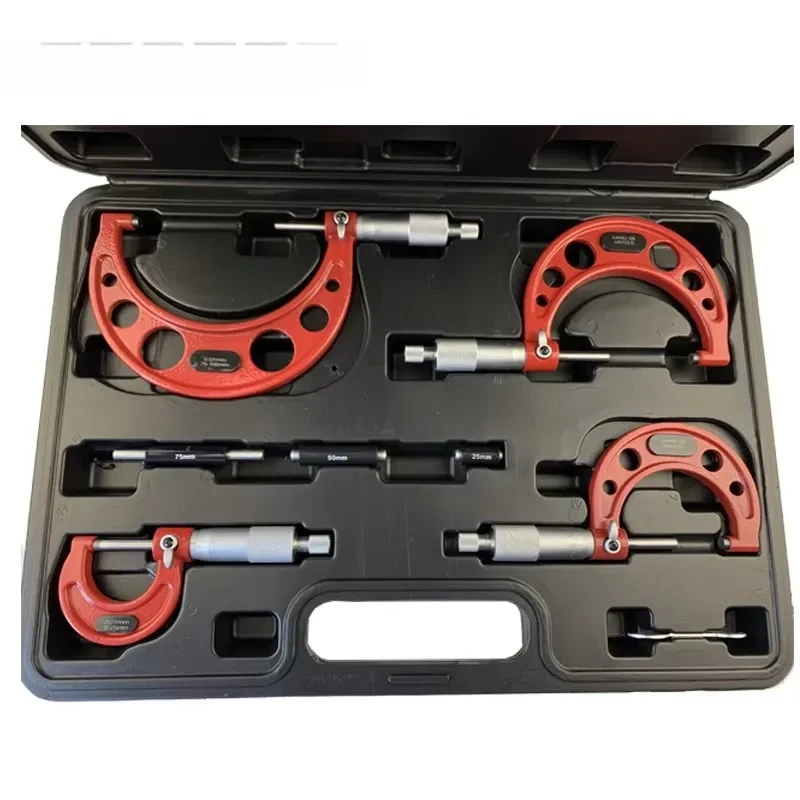 4-Piece set 0-25mm-50mm-75mm-100mm outer micrometer set with standard ratchet stopper 0-100mm range 0.01 mm scale micrometer