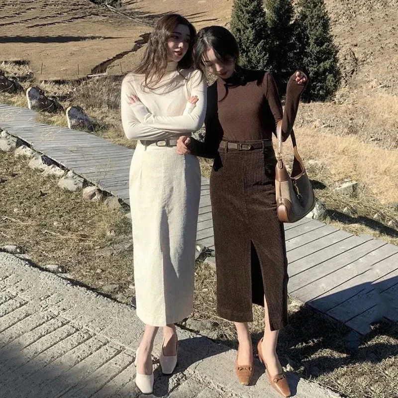 

Vintage Brown Corduroy Skirts Women Autumn Winter Elegant with Belt Split Pencil Skirt Fashion High Waist Slim Midi Skirt Female