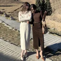 Vintage Brown Corduroy Skirts Women Autumn Winter Elegant with Belt Split Pencil Skirt Fashion High Waist Slim Midi Skirt Female