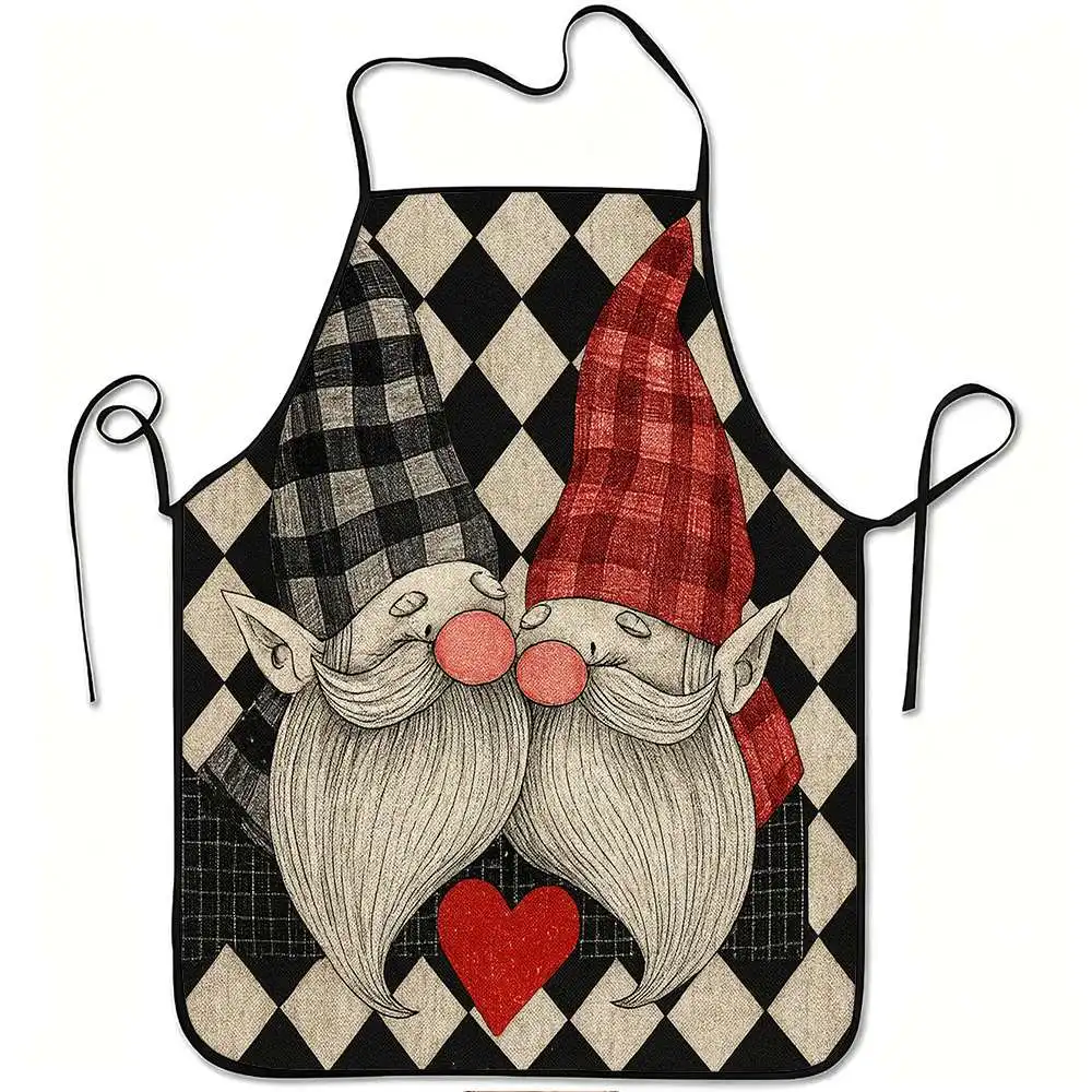 1pc Kissing Gnomes Love Heart Print Apron, Durable and Easy to Clean, Adjustable Waistband, Polyester Material, for Kitchen Cook