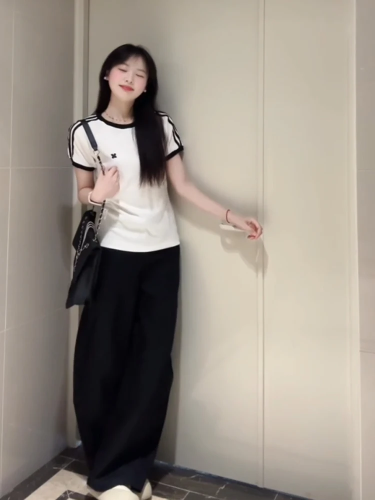 American Retro Color Blo oulder Stripe ort Sve T irt Women Summer Spicy Design Casual ort Top Cotton Polyester B...