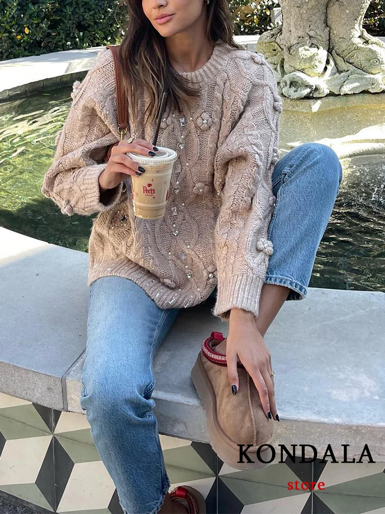 

KONDALA Casual Pearl Knitted Women Sweater Khaki Solid Jewellery O-Neck Knitted Sweater Fashion 2022 Autumn Winter Sweaters Tops