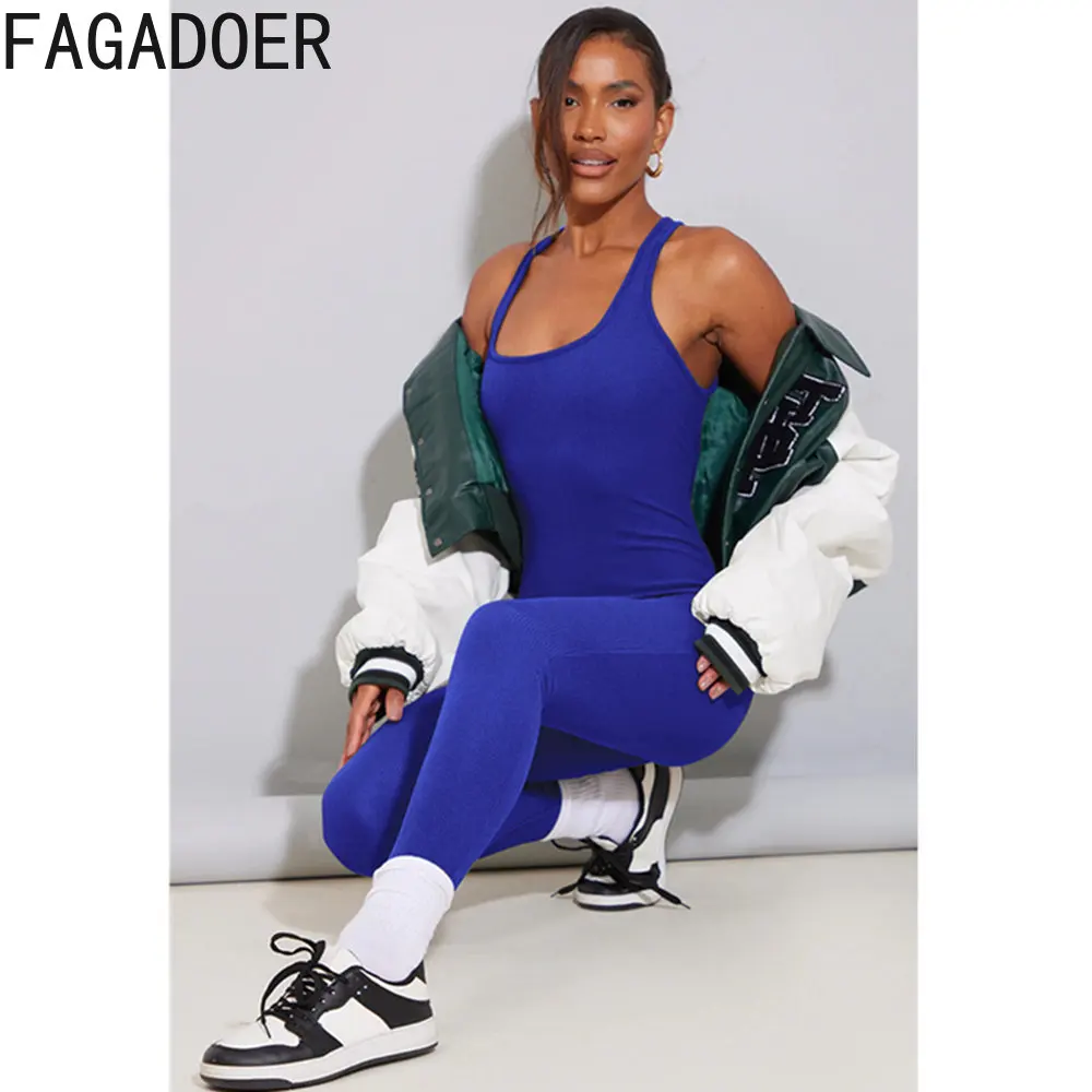 FAGADOER Women One Piece Jumsuits Gym Yoga Set Workout High Waist Hollow Out Backless Bodycon Playsuits Casual Solid Overalls