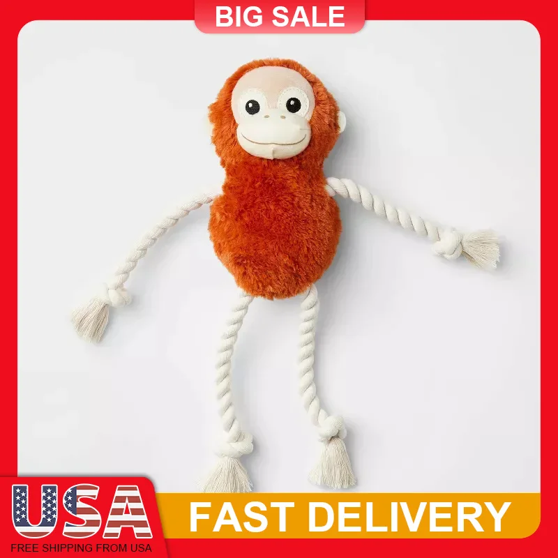

14Inch Monkey Plush Dog Toy with Rope Arms Legs Squeaky Soft Fabric Interactive Tug Play Chew Toy for Chewers Puppy Playtime Fun