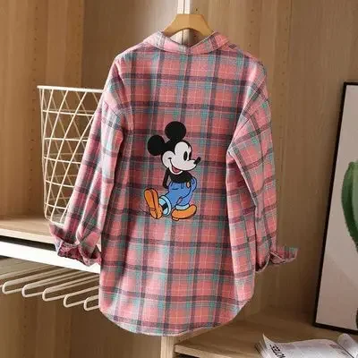 Disney Spring 2020 new simple lady plaid shirt back retro printing Mickey mouse plaid shirt female blouse