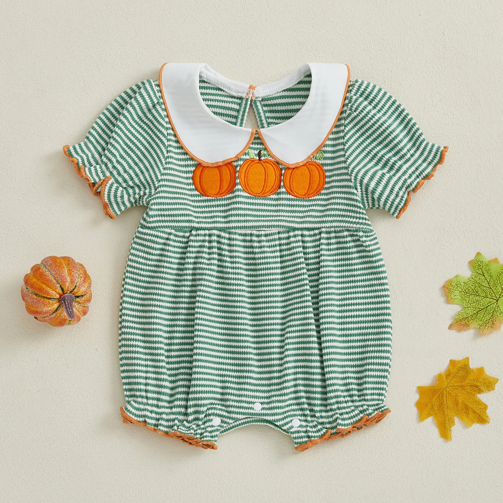 

0-18 Months Baby Girl Halloween Romper Pumpkin Embroidery Striped Doll Collar Short Sleeve Jumpsuit for Fall