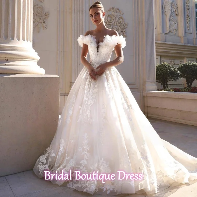 تخصيص رائعة الحبيب 3D الزهور الديكور الكرة ثوب الزفاف يزين قطار المحكمة الأميرة فستان زفاف Vestido De #1