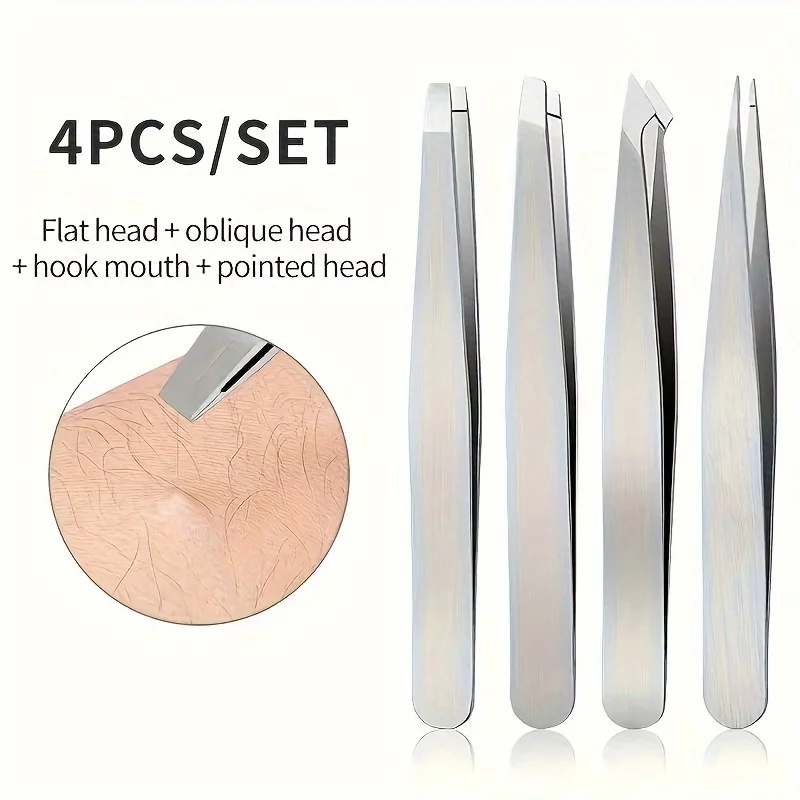 4 Piece Professional Tweezers Set Eyebrow Hair Removal, Beard Plucking, Stainless Steel Angled Tweezers Tools Hair Removal Tool view 3