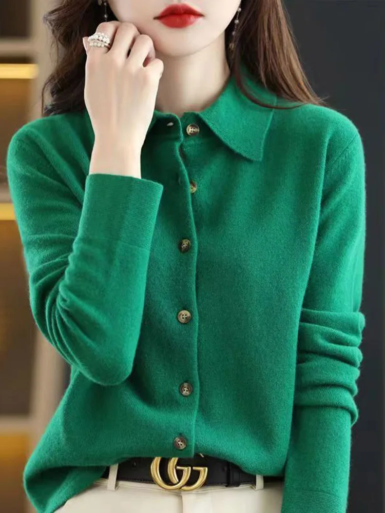 women\'s Cashmere POLO Collar Sweater Long sleeve Button Sweater Fit Slim Casual Letter Lapel Cardigan Harajuku S-4XL Coat Tops