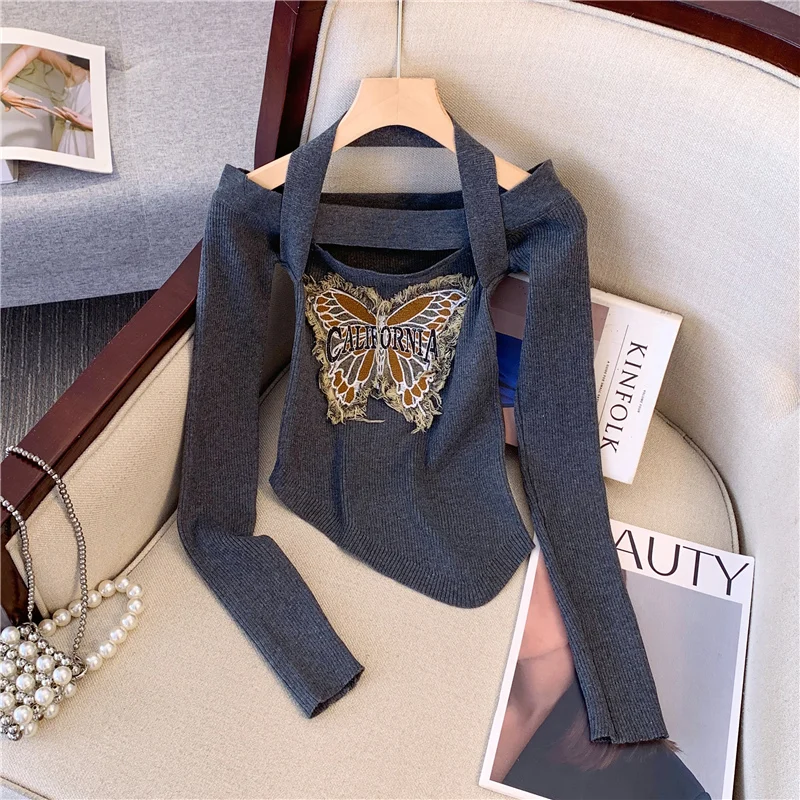 Autumn 2024 Latest American Butterfly Denim Tape Long Sleeve T-shirt Women's Slim Knitted Shirt Spice Neck Short Top