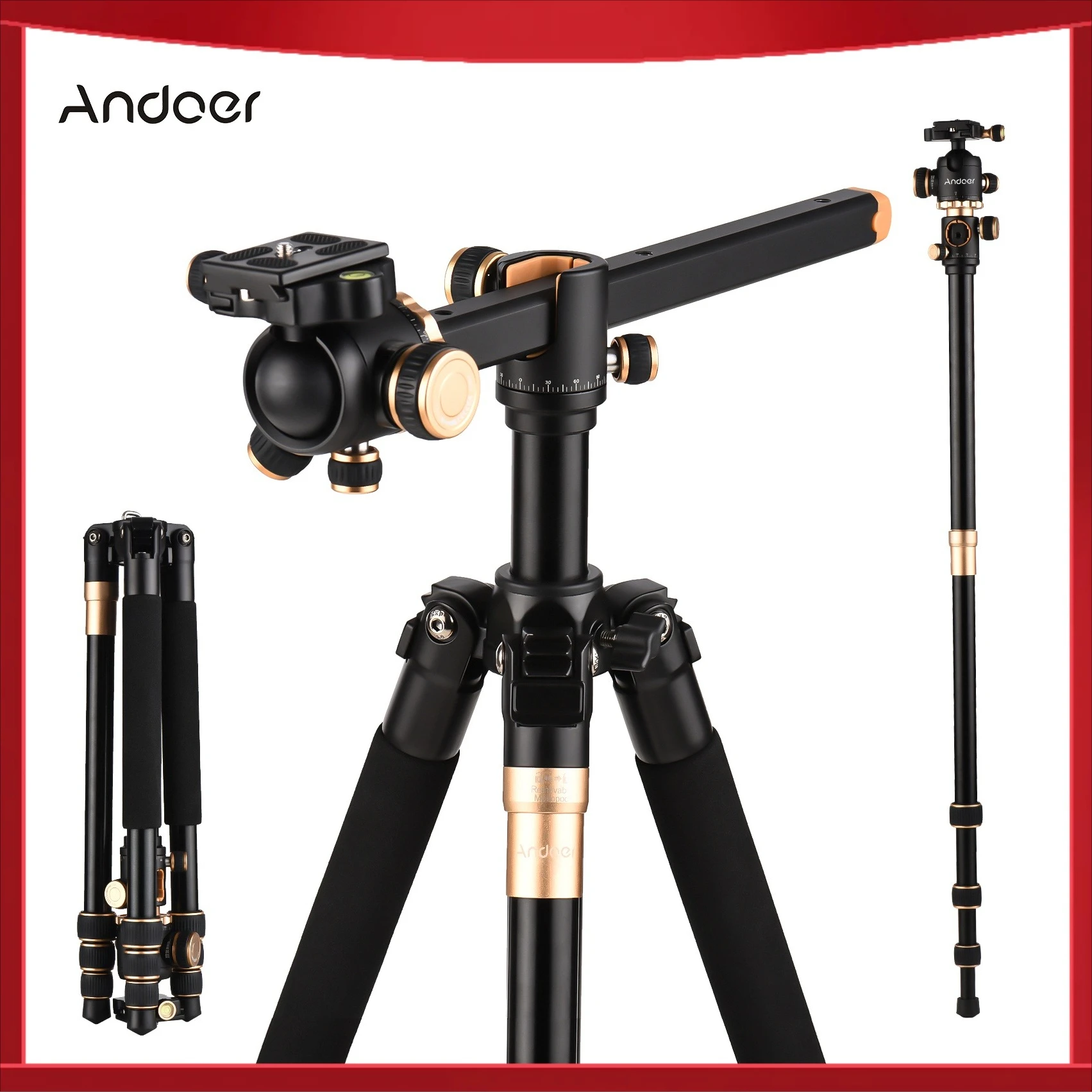 Andoer 72.4in Portable Photography Tripod Horizontal Camera Tripod Aluminum Alloy 8kg Load Capacity with 360° Rotatable Ballhead
