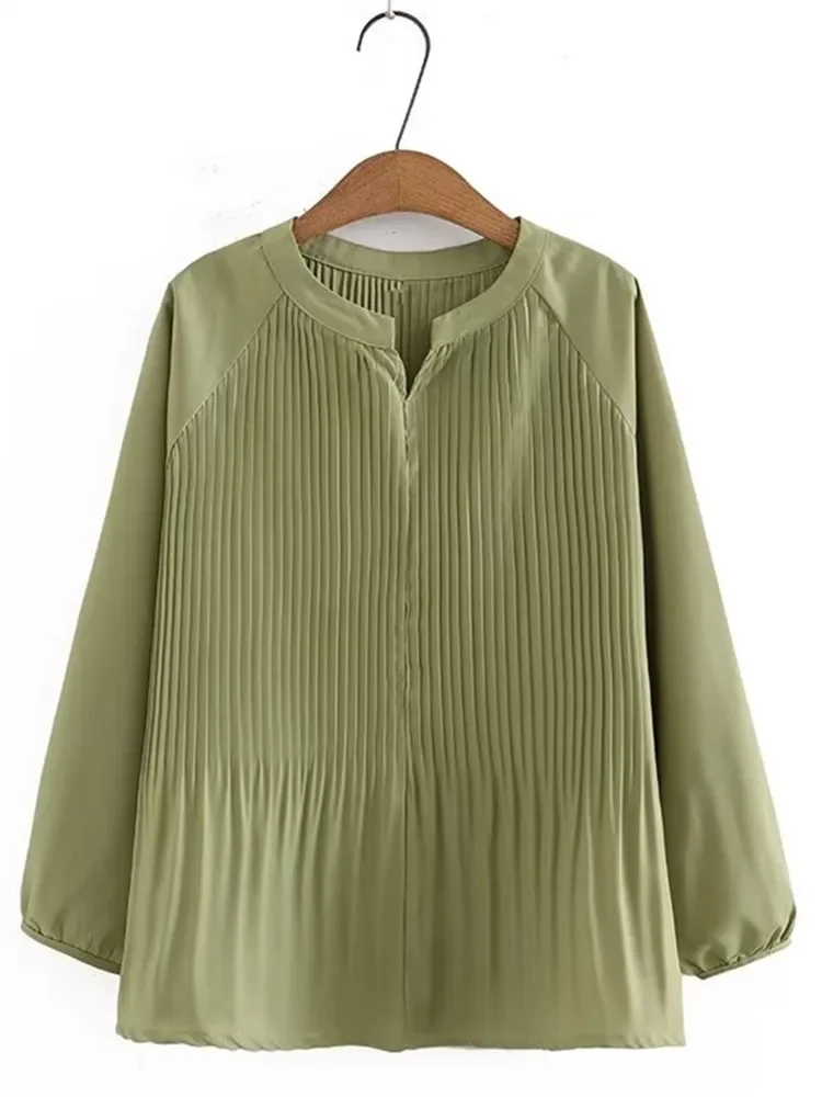 Plus Size Women's Shirt Thin Spring and Autumn Falling Shoulder Sleeves Long-Sleeved Pleated Chiffon Top Loose Non-Stretch Shirt