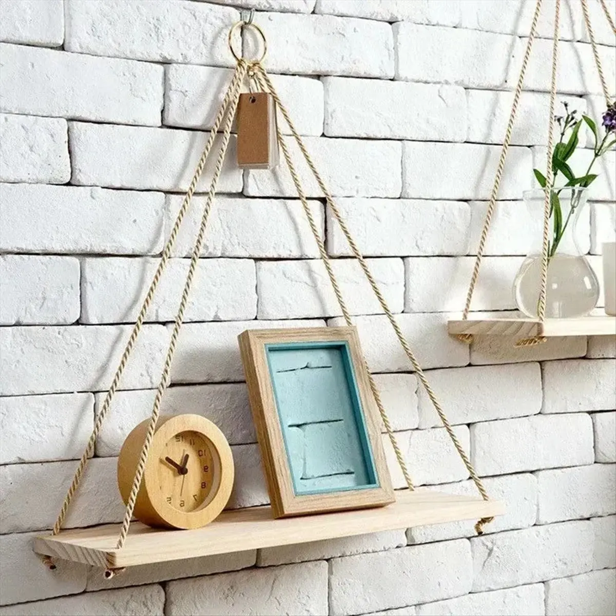 N14R Top Wooden Rope Swing Wall Hanging Plant Flower Pot Tray Mounted Floating Wall Shelves Nordic Home Decoration Mored Simple