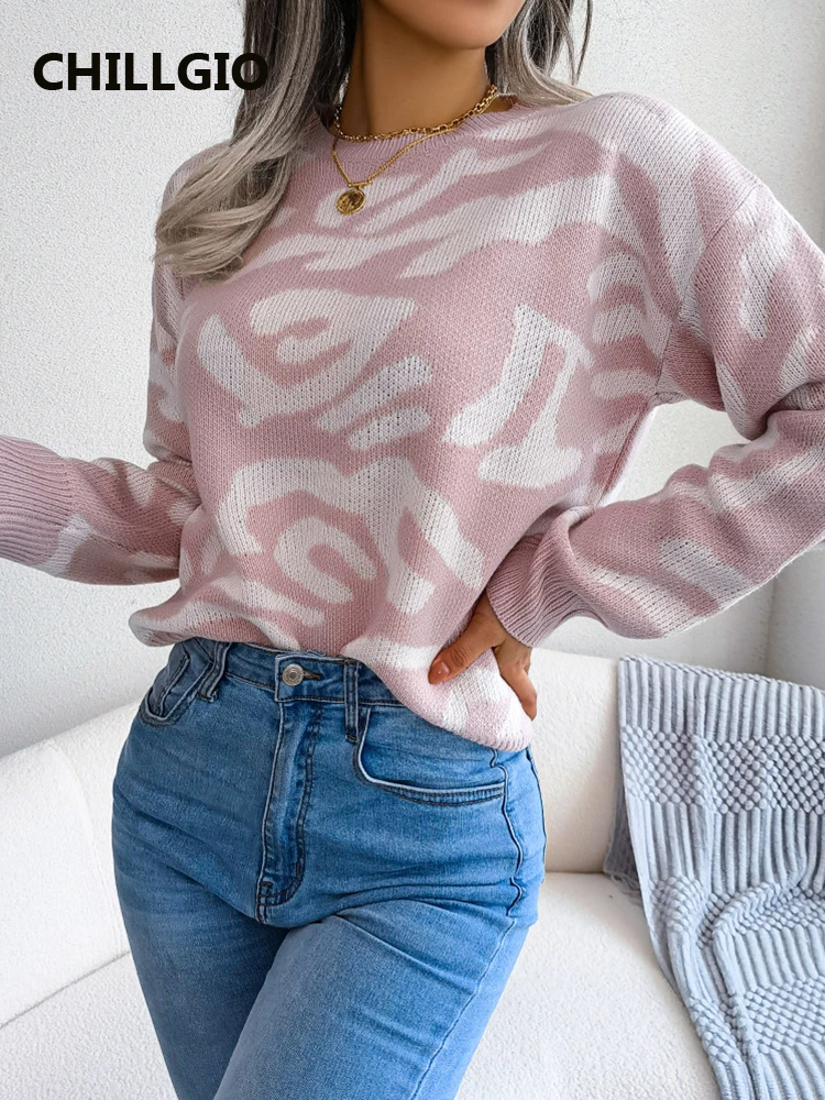 CHILLGIO  Leopard Print Sweater Women Autumn O Neck Long Sleeves Elastic Warm Knit Tops Casual Vintage Winter Knitting Pullovers