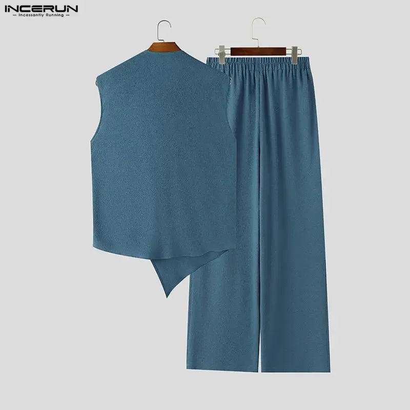 INCERUN Men Sets Solid Color Sleeveless Irregular Shirt Pants Two Piece Sets Streetwear 2026 Casual Men Matching Sets Tracksuits view 5