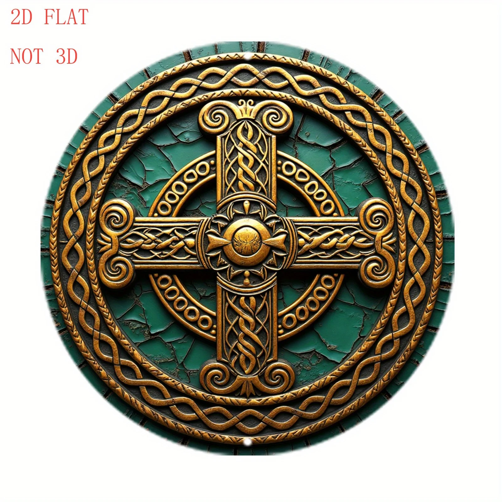 Antique Style Celtic Cross Metal Wall Decor - 8 Inch Round Celtic Knot Sign with Hooks, Green Gold Vintage Wall Art for Home Bar