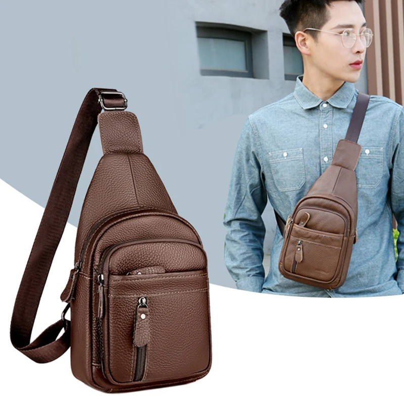 2023 Men Original High Quality Cow Leather Casual Triangle Crossbody Chest Sling Bag Design Travel One Shoulder Bag Daypack Male