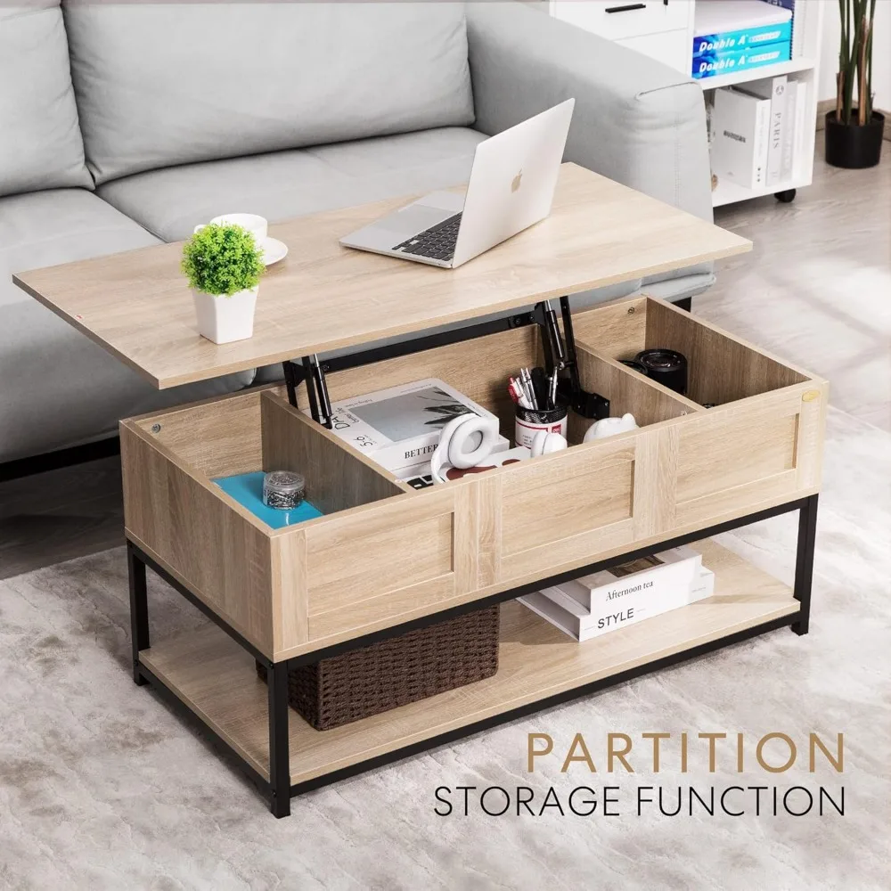 Vivohome Steel Frame Lift Top Coffee Table with Open Storage and Hidden Compartment, Ideal for Living Room Dining