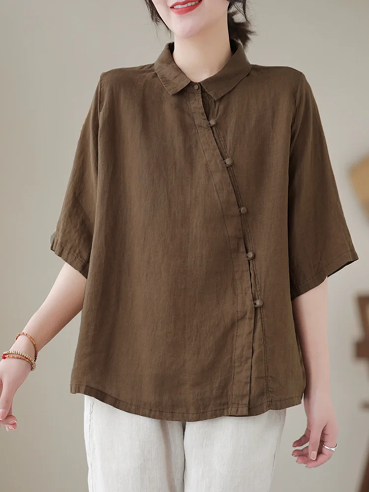 Cotton Linen irt Women Loose Chinese Sle ort Sve Button up Top Summer Faion Retro  Collar Pure Color Commute Wear