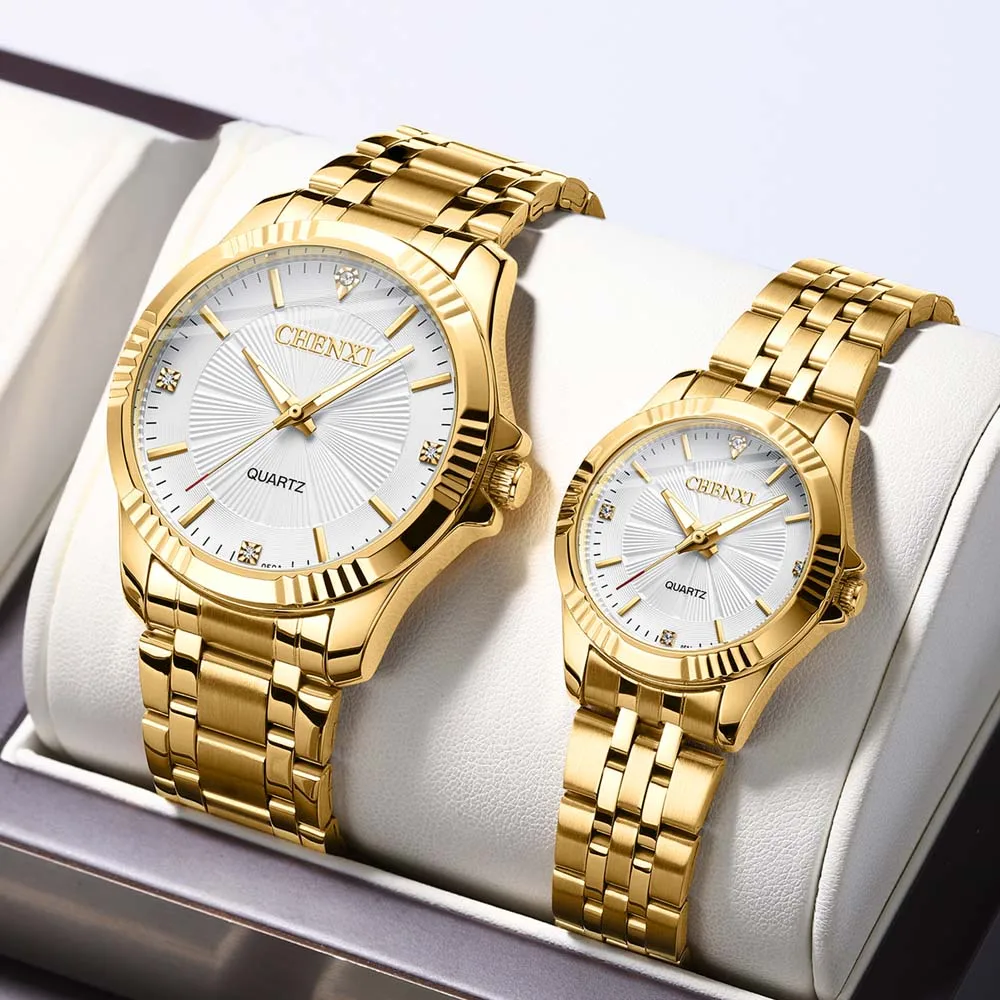 CHENXI  Couple Watches for Men & Women Gold Plated with Diamonds Business Style Quartz Watch Waterproof  Gift for Couple
