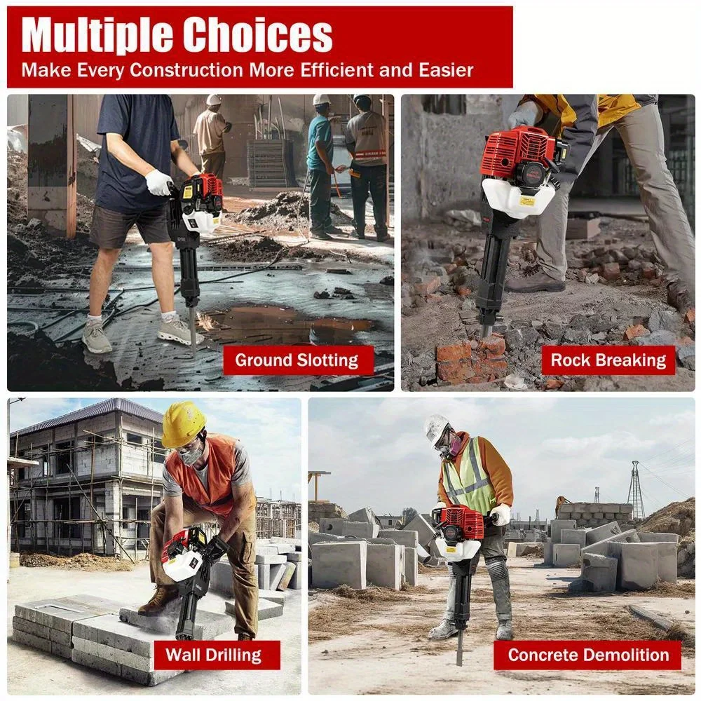 Professional 52cc Concrete Demolition Hammer - Gas-Powered Breaker Kit w/ 2 Heavy-Duty Chisels