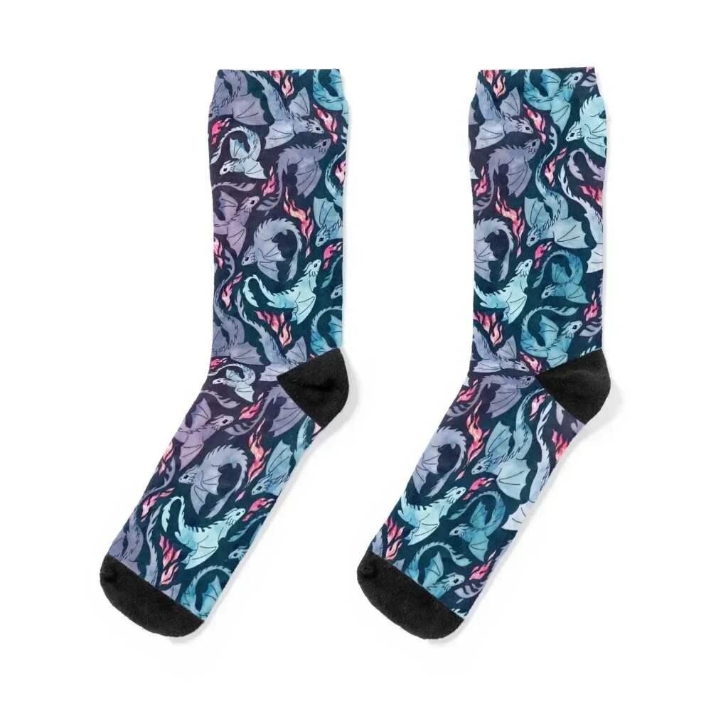 

Dragon fire dark turquoise and purple Socks men cotton high quality Christmas ankle cartoon Socks For Girls Men's