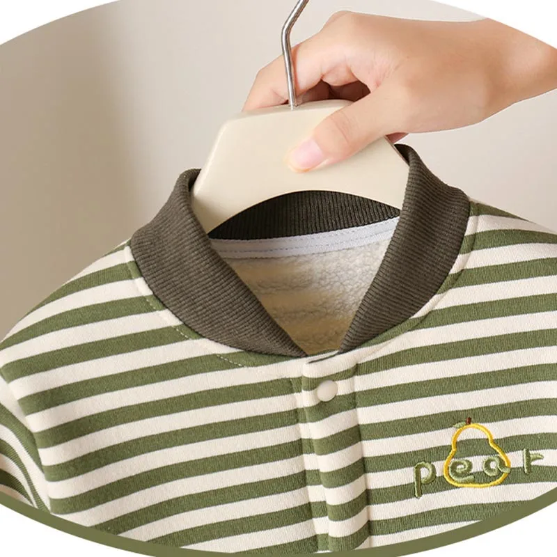 Baby- und Kleinkinder-Herbst-/Winterkleidung, Neugeborenen-Set, verdicktes separates Set, gestreifter Sweatshirt für Jungen, super süßer, gesteppter Overall – Detail 9