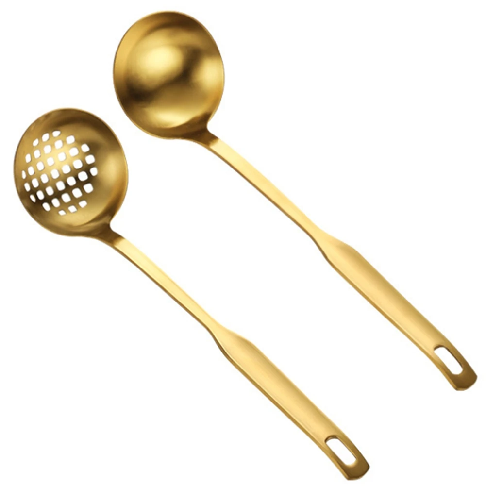 ONCE Gold Soup Ladle Colander Set, Long Handle Stainless Steel Kitchenware Cookware Serving Spoon, for Cooking Utensil(2 PCS)