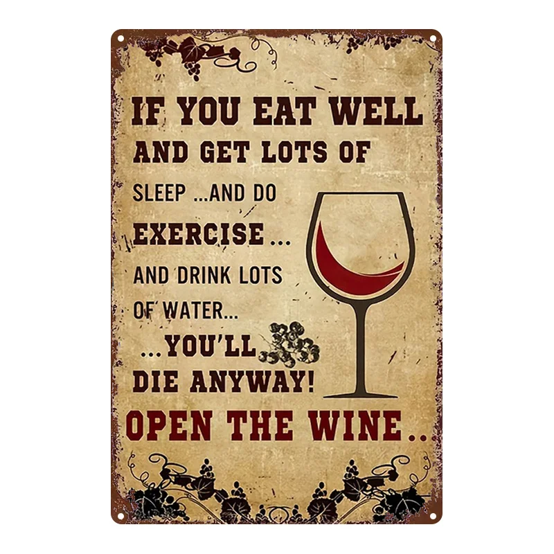 2D Flat, 1pc, Metal Sign, Vintage Humorous Painting: The Philosophy of Health and Red Wine, Durable Metal Plaque,