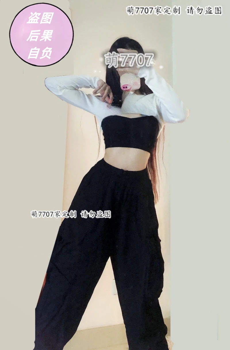 New Kpop Korean Group Jazz Dancer Long Sleeve T-shirt Slim Crop Tops Women Outfit Hip-Hop Pants Street Dance Wear Stage Costume