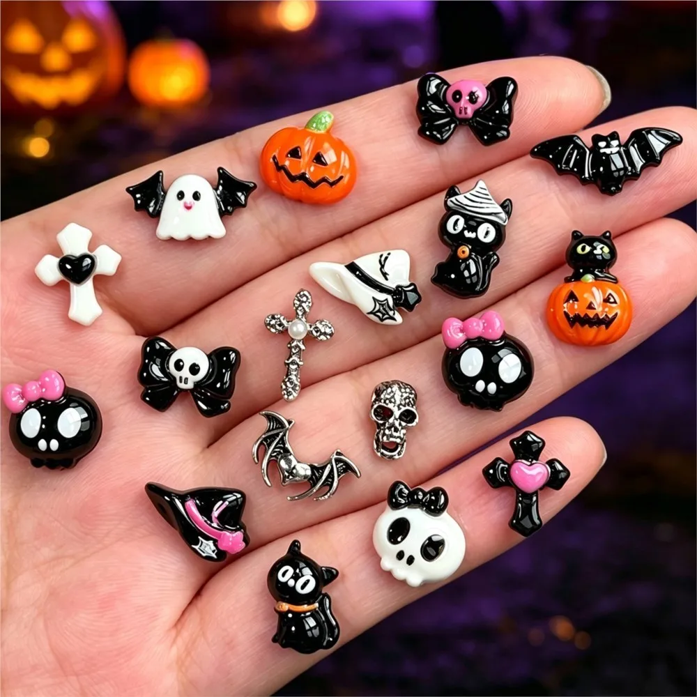 15grid/90pcs 3D Cute Halloween Pumpkin/Skull/Ghost/Cross Nail Gems Black Cat Bow Bat Nail Charms Resin Flatback Halloween Nails view 5