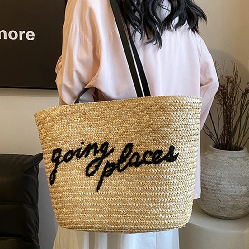 Summer Fashion Straw Woven High-capacity Vacation Handbag 2024 New Women\'s Khaki White Shoulder Bag Brand Travel Basket Bag