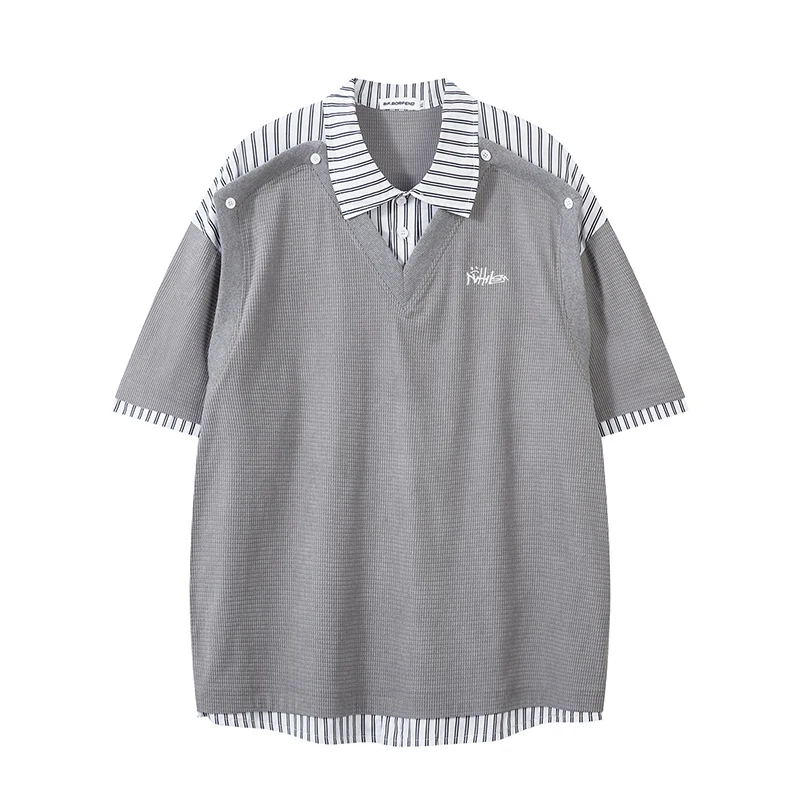 الرجال الهيب هوب الشارع الشهير بولو تي شيرت إلكتروني التطريز المرقعة وهمية اثنين الصيف المتضخم قميص بولو الرجعية عارضة زوجين أعلى المحملة #3