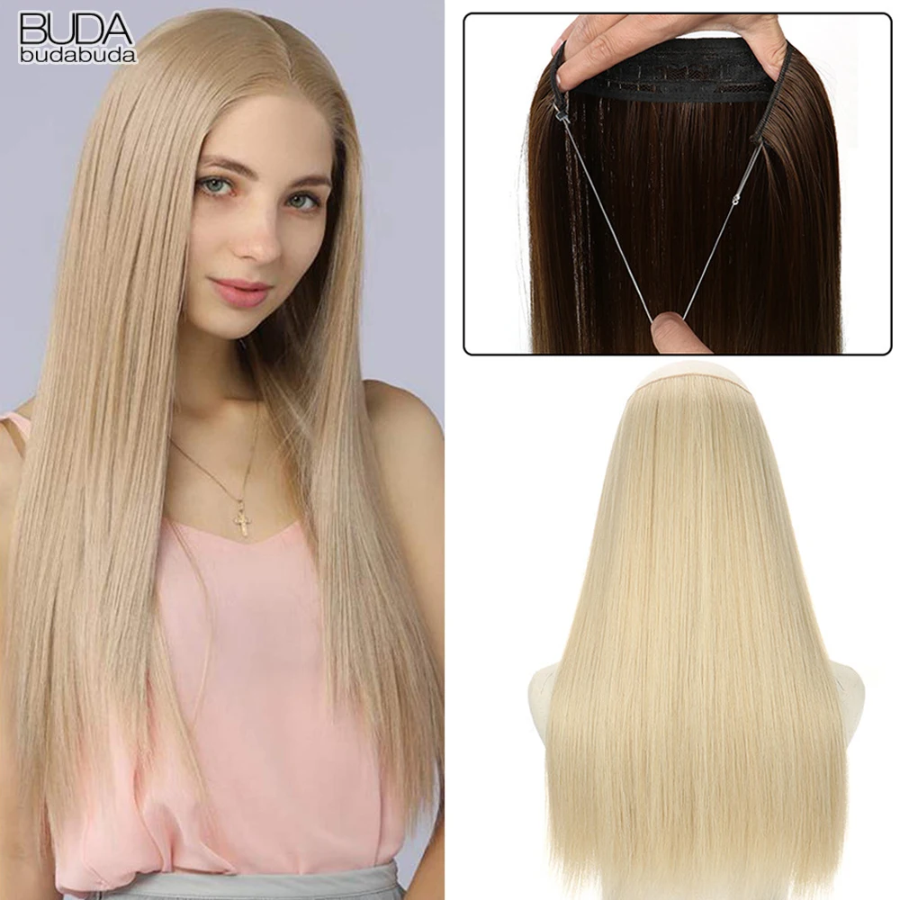 

Synthetic Natural Wavy No Clip Fish Line Invisible Hair Extensions For White Women Mixed Color Blonde Black Red False Hair Piece