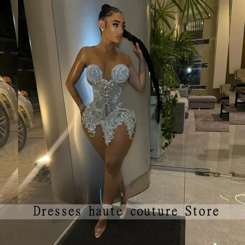 

Luxury Silver Party Dresses For Women Crystal Sequin Sheer Neck Short Birthday Outfits Sequin Mini Cocktal Prom Gowns Customized