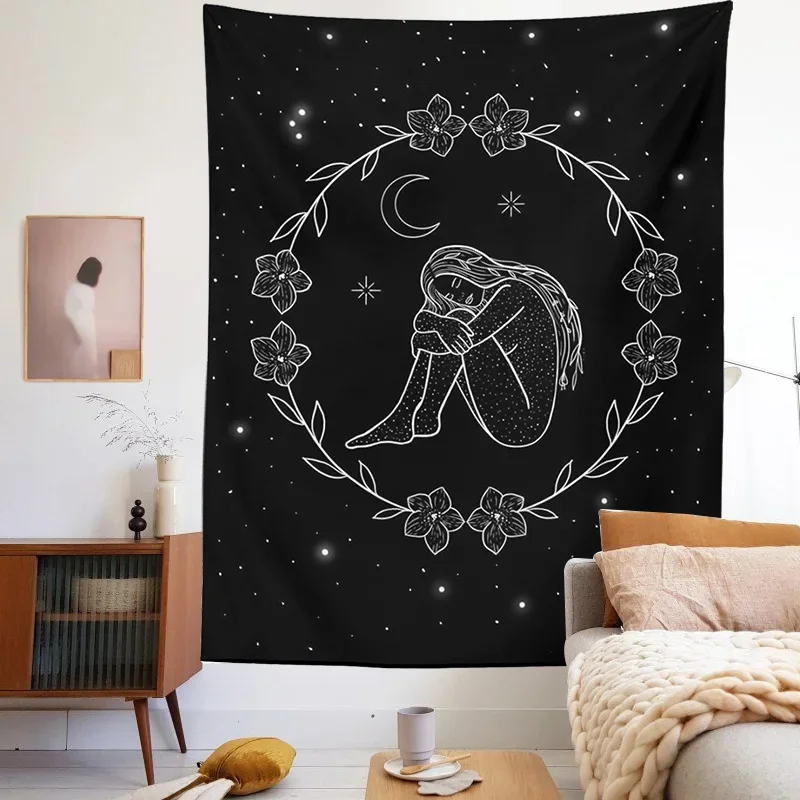 Starry Sky Tapestry Black Sun Moon Tapestry Wall Hanging Bohemian  Psychedelic woman plant Cloth Bedspread Bedroom Decoration