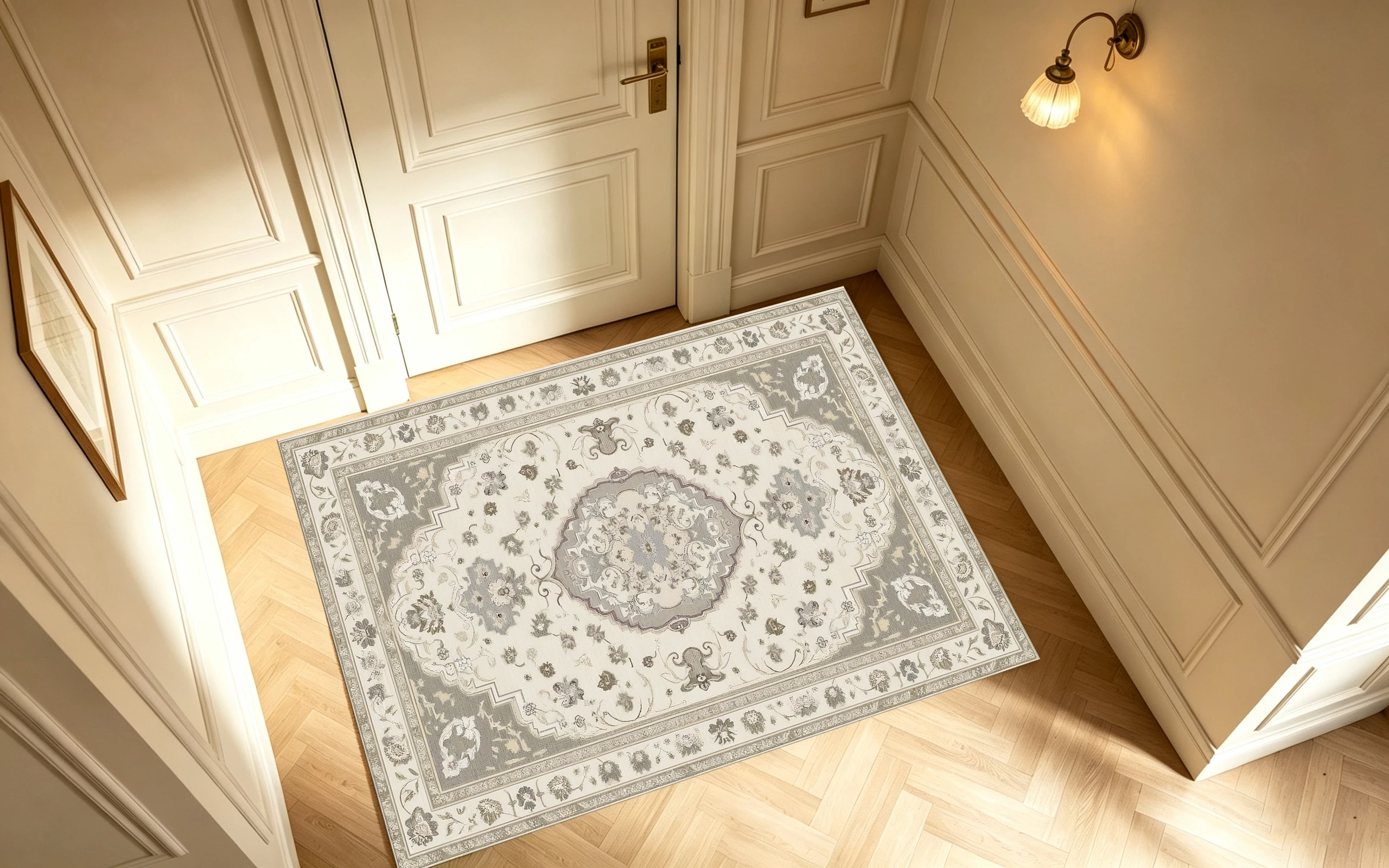 2D Rug, 2D Large Rug in Beige-Grey European Retro Pattern, Soft to the Touch, Suitable for Living Room & Bedroom