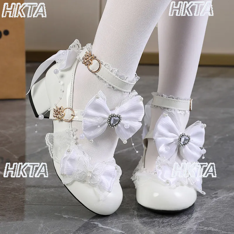 Japanese Elegant Lolita Mid Heel Pumps Pearl Lace Bow Rhinestone Summer Fashion Sweet Lolita Shoes Cute Kawaii White Shoes Women - view 6