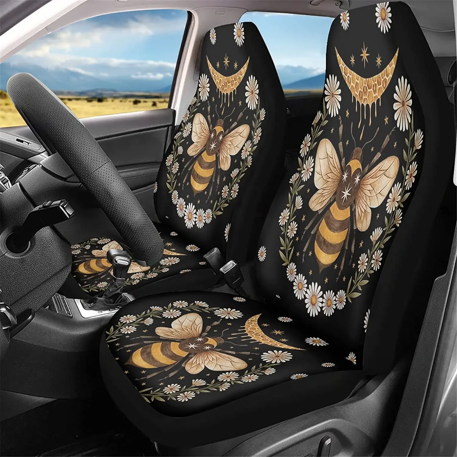 Poceacles 2 Piece Front Car Seat Covers, Bee and Floral Moon Print Car Seats Protector Cover, Universal Bucket Soft Vehicle Seat