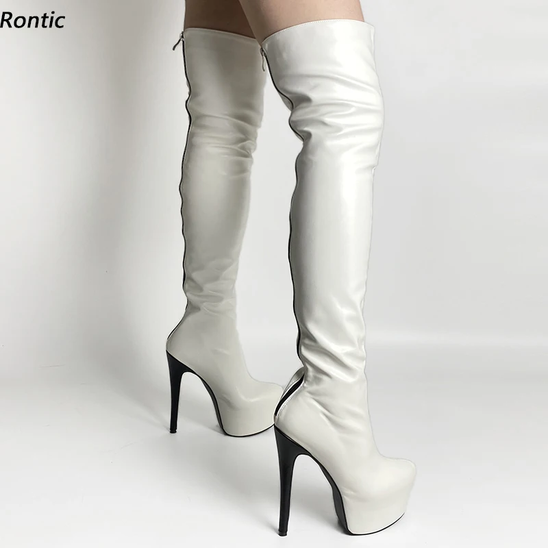 

Rontic 2021, женские зимние сапоги выше колена ручной работы, унисекс, на шпильке, с круглым носком, довольно белые вечерние туфли, размер США 5-20