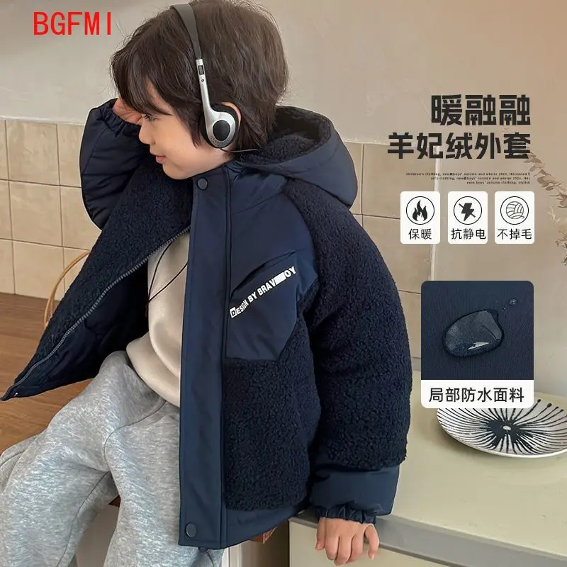 Boys Patchwork Cotton Jacket 2026 Winter Clothing Baby Thick Synthetic Lamb Wool Hooded Coat for Children's Warm Cotton Overcoat