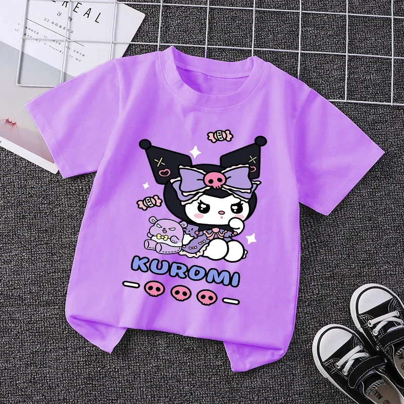 Kuromi Children Short Sleeves T-Shirts Cartoon Fashion Tops Anime Sanrio Girls Purple Kids Summer Tees Clothes Birthday Gift New