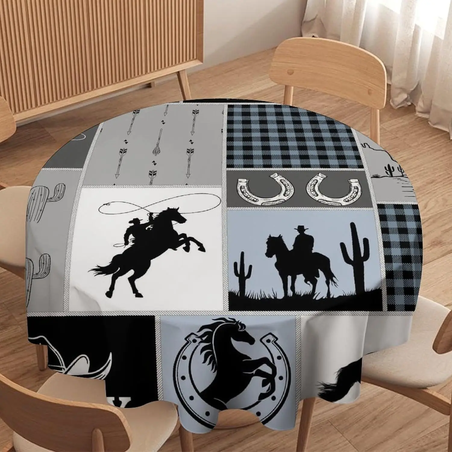 

Vintage Rodeo Cowboy Hat Boots Circle Tablecloth - Horse Cactus Desert Cow Skull Buffalo Plaid Home Party Cover