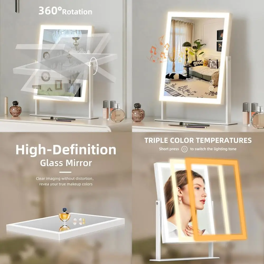11.8x9.8 LED Lighted Vanity Mirror with Bluetooth Speaker, Touch Control, 3 Lighting Modes, Detachable 10X Magnifier, 360° Swive