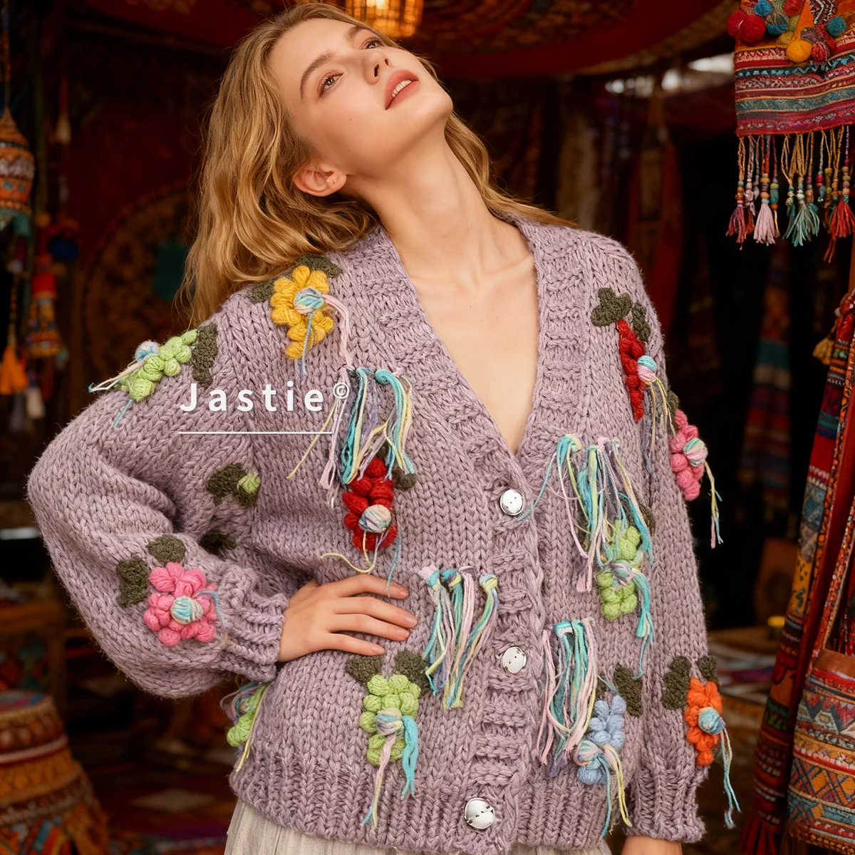 

Женский кремовый вязаный кардиган ручной работы с 3D цветами и кисточками, свободный пуговица с v-образным вырезом, красочный повседневный зимний свитер большого размера в стиле бохо